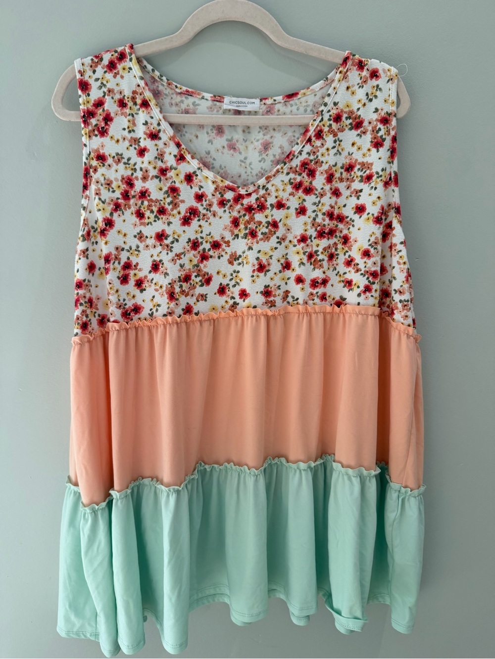 Chicsoul Floral Peach Mint Tiered Tank Top